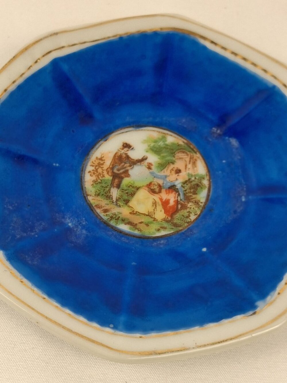 VTG HKATO Blue Porcelain Demitasse Teacup & Saucer Romantic Scene & Gold Accents - Picture 10 of 16